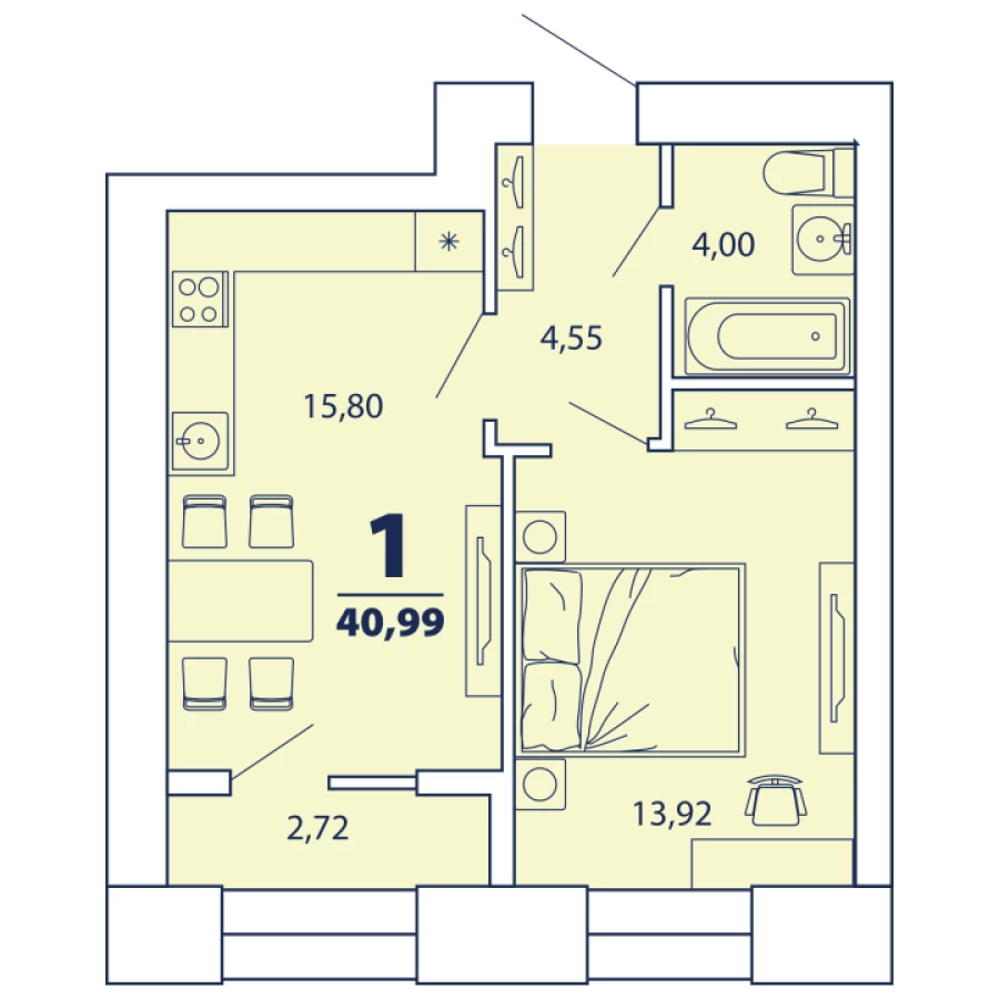 1-ая квартира площадью 40.99 м2 на 2-м этаже
